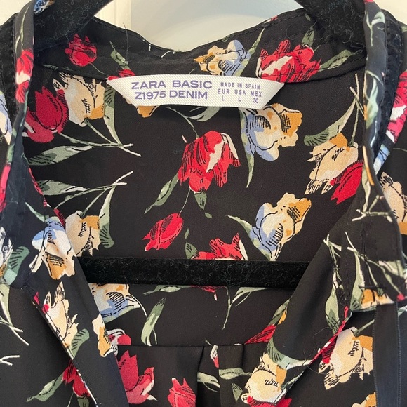 Zara z1975 Black Floral Velvet Tie Neck Long Sleeve Blouse Size Large - Picture 4 of 6